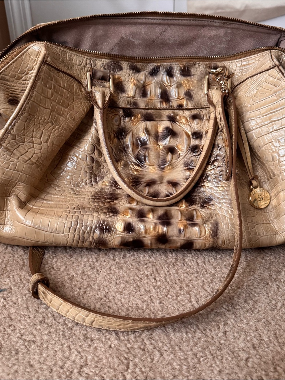 Brahmin Beige Croc-Embossed Satchel with Dark Ombre Spots